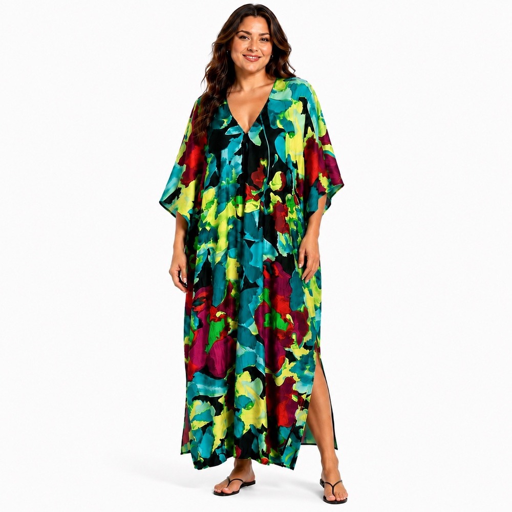 Natori 2X Floral Satin Caftan Maxi Dress V-Neck Lounge Muumuu Multicolor